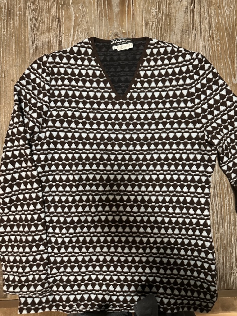 Salvatore Ferragamo Brown and White V-Neck Patterned Sweater